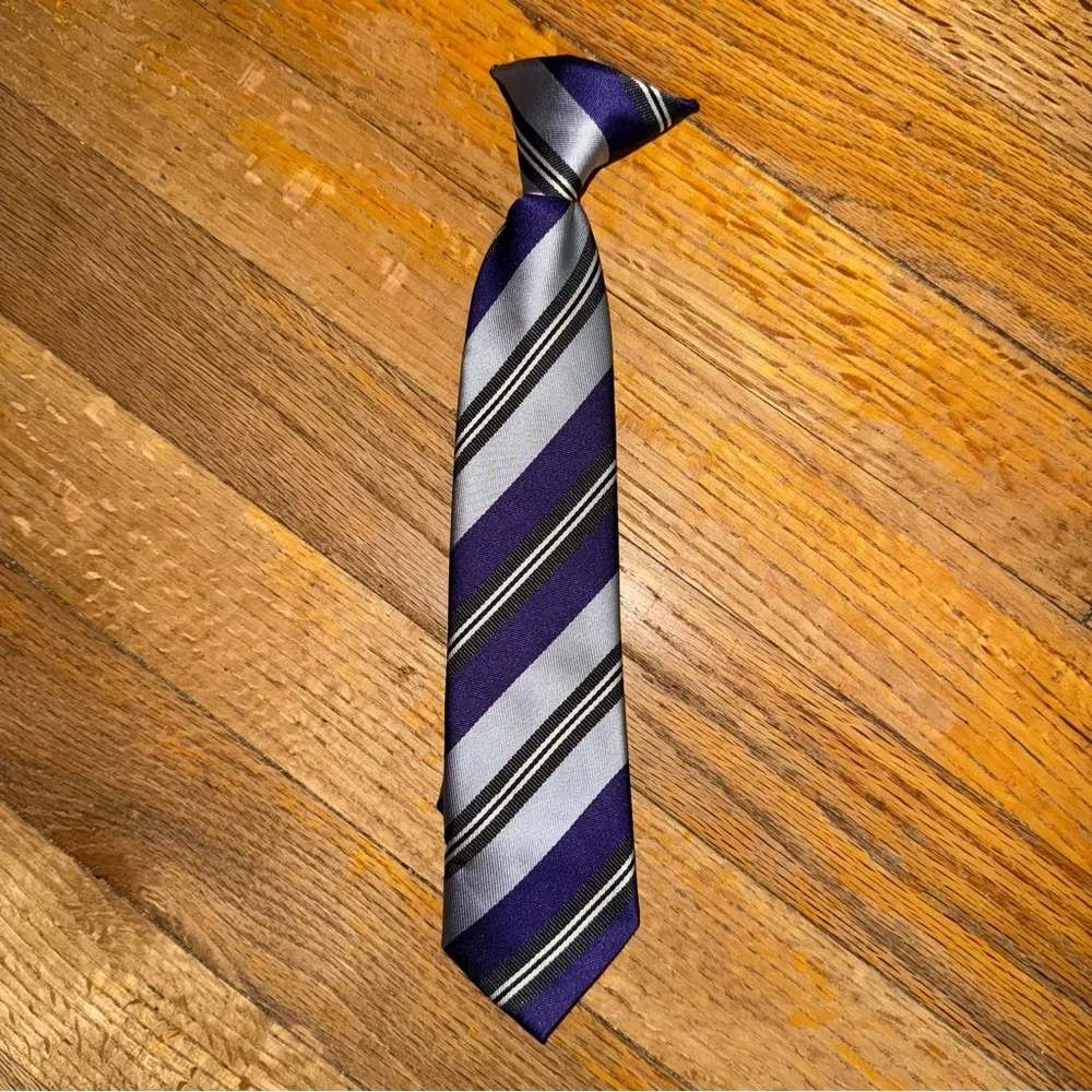 Little Boy’s Clip On Striped Purple, Silver and Black Tie #0784